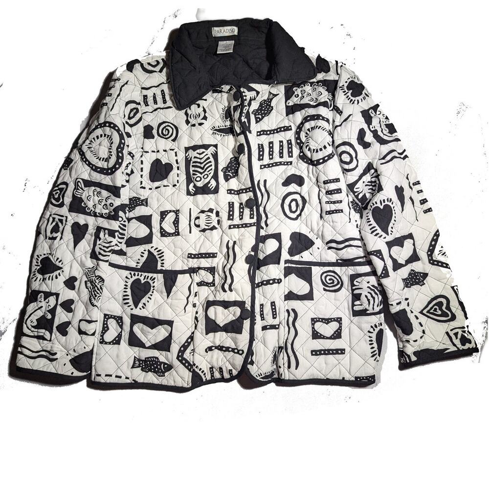 Vtg 1990s Paradiso White Black Quilted Tropical Heart Button Up Jacket Sz L